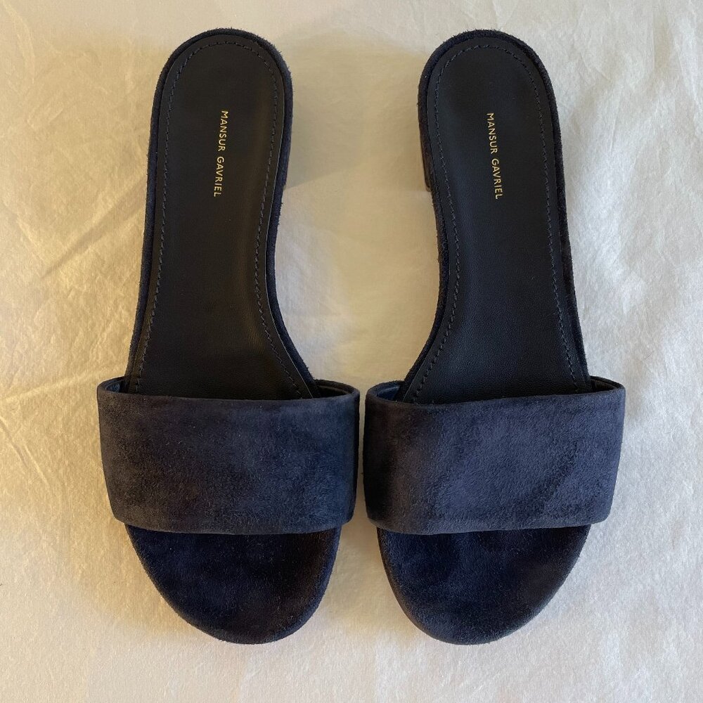 Used Mansur Gavriel Suede Flat Slide Sandal Dark Blue Size IT 36.5 US 6.5